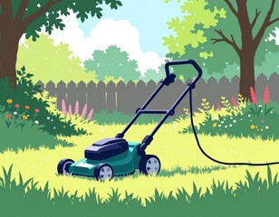 Fototapeta premium Electric Lawn Mower on Green Lawn, Summer Garden, Minimalist Flat Color Illustration, Copy Space