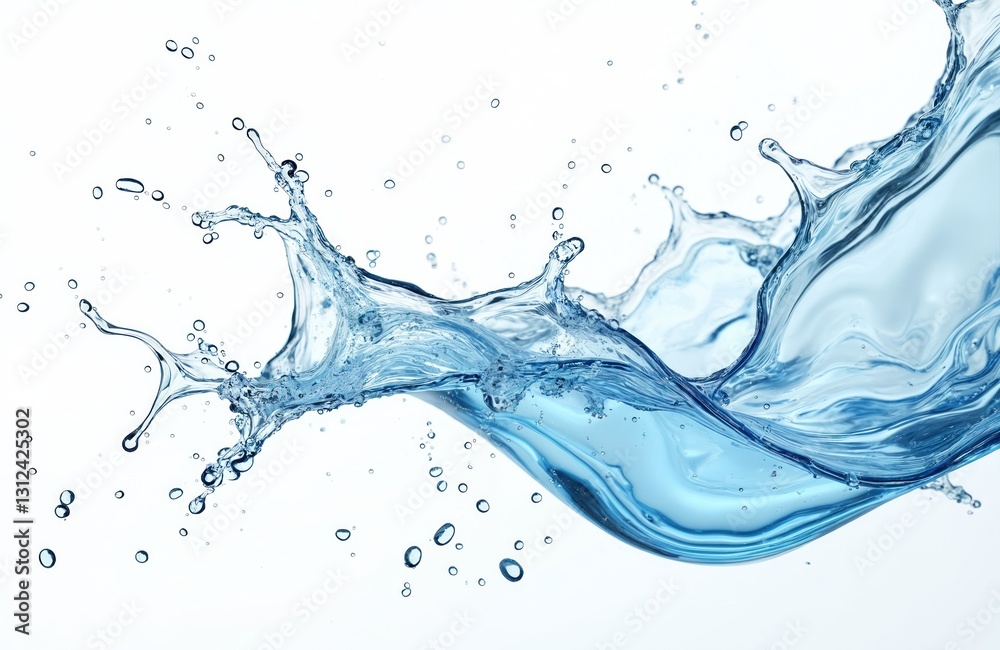Poster 3d render illustration of clear blue water splash isolated on white backdrop. liquid motion with tra