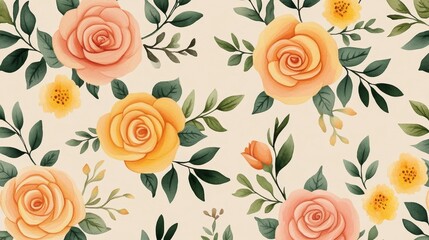 Seamless Watercolor Floral Pattern Peach and Yellow Roses, Beige Background, Botanical Illustration, Repeat Texture. Floral Pattern, Watercolor Roses