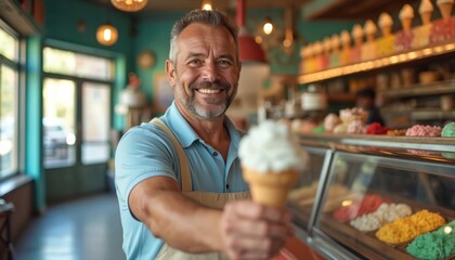 Friendly middle-aged ice cream seller holds out ice cream cone. Man in casual blue shirt cheerfully smiles and holds dessert in waffle cone. Happy small business owner inside shop offers ice-cream.