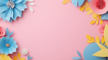 Pink Background Paper Flower Frame, Pastel Floral Composition, Spring Design, Craft Paper flowers, spring, pastel