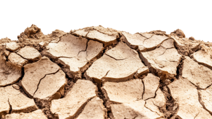 Dry cracked earth representing drought and climate change with transparent background