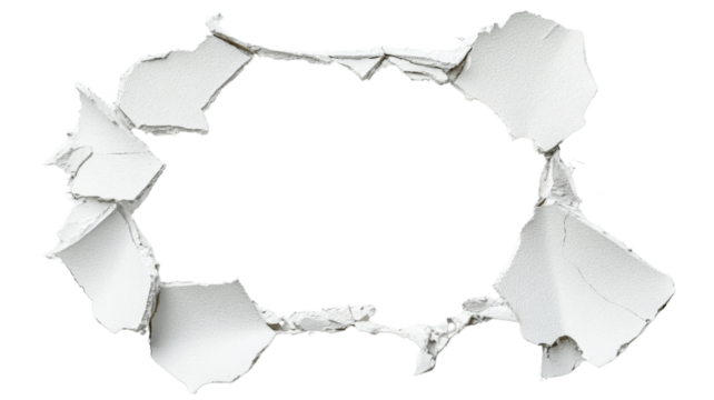 Broken white wall creating oval hole with transparent background