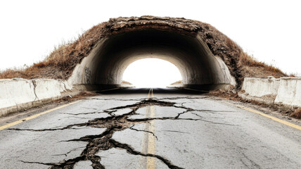 Damaged road leading to a dark tunnel with transparent background