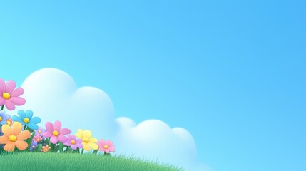 Colorful Flowers on Green Grass Under a Bright Blue Sky