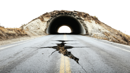 Damaged road leading to a tunnel after earthquake with transparent background