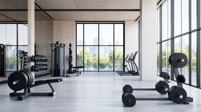 Modern Gym Interior Concrete Design, Black Fitness Equipment, City View, Wide Shot, 3D Render, Minimalist Gym Design, Fitness Studio Fitness Center