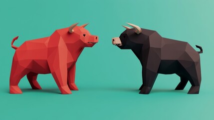 Low-Poly Bull Confrontation Red vs Black, 3D Render, Stock Market Concept, Bull Market, Bear Market Bull Market, Bear Market