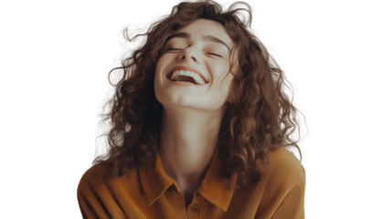 Young woman with curly hair, casual outfit, laughing naturally, cinematic lighting, on a white background png