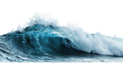Giant blue ocean wave breaking with foam and transparent background