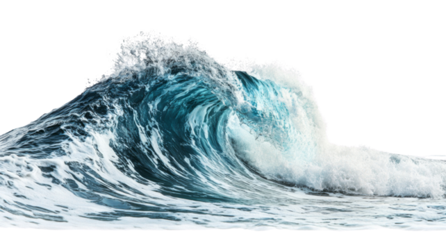 Giant blue ocean wave breaking with transparent background