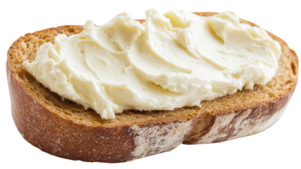 Slice of toasted bread with cream cheese on transparent background