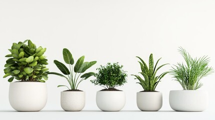 Fototapeta premium Five Houseplants in White Pots Minimalist Composition, 3D Render, Indoor Greenery, Plant Arrangement, Home Decor Houseplants, Interior Design