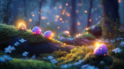 &OElig;ufs de P&acirc;ques lumineux pos&eacute;s sur un tronc moussu dans une for&ecirc;t enchant&eacute;e, entour&eacute;s de fleurs et de lucioles dans une ambiance f&eacute;erique
