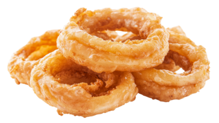 Delicious crispy onion rings stacked on transparent background