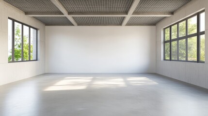 Obraz premium Empty Room with Concrete Floor and Grid Ceiling, 3D Render, Industrial Interior Design, Minimalist Concept Keywords Industrial, 3D render