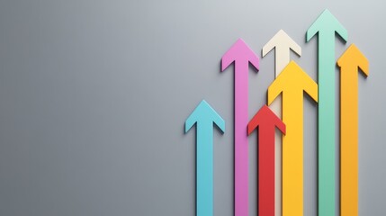 Colorful Arrows Pointing Upward Growth, Success, 3D Render, Grey Background Growth, Success