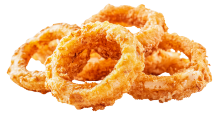 Delicious crispy onion rings stacked on transparent background
