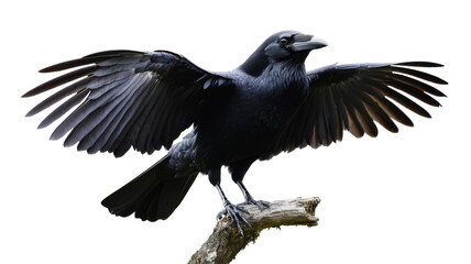 Large black raven with open wings perched on branch with transparent background