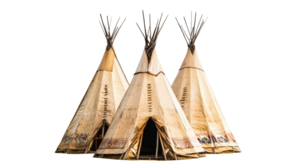 Three teepees standing on transparent background representing native american culture