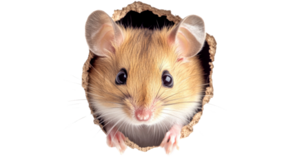Cute mouse peeking through hole in cardboard on transparent background