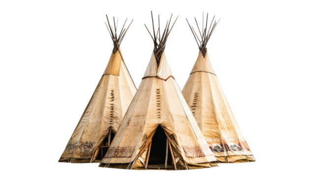 Three teepees standing on transparent background representing native american culture