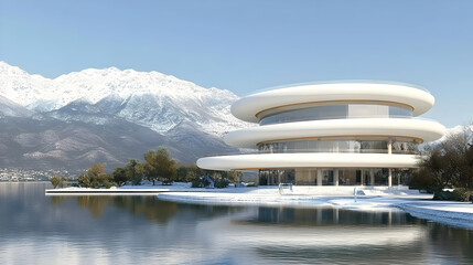 Modern Circular White House on Snowy Mountain Lake