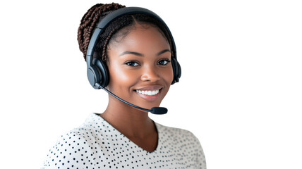 Smiling customer service representative wearing headset on transparent background