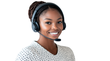Smiling customer service representative wearing headset on transparent background