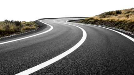 Winding asphalt road leading into the distance with transparent background
