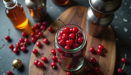 Fresh cherries in a glass jar surrounded by ingredients on a wooden cutting board