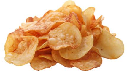 Delicious crunchy potato chips piled up on transparent background