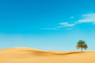 A solitary palm tree stands in the middle of a vast golden desert, with rolling sand dunes stretching under a brilliant blue sky, conveying solitude and tranquility. Copy space 