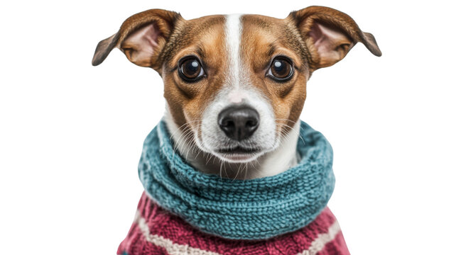Cute jack russell terrier dog wearing winter clothes posing on transparent background