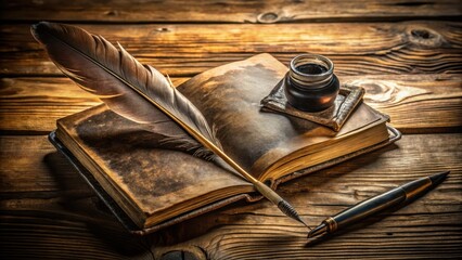 A worn leather-bound book lies open on a wooden desk, with a single feather resting against the page, while an inkpot filled with dark, swirling ink sits nearby, antique items, writing tool