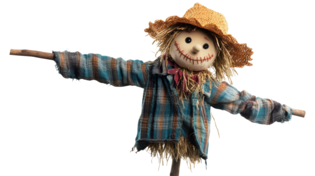 Scarecrow wearing plaid shirt and straw hat with transparent background
