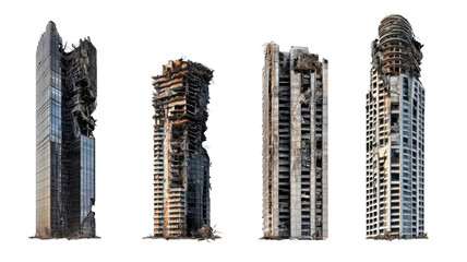 Four skyscrapers devastated showing transparent background after war or natural disaster