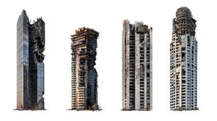Four skyscrapers devastated showing transparent background after war or natural disaster