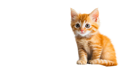 Adorable ginger kitten sitting and observing with curiosity on transparent background