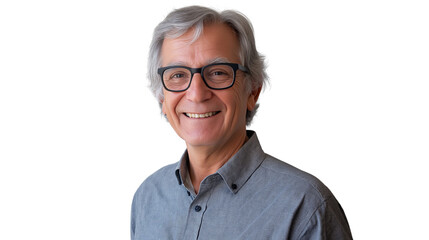 Fototapeta premium Senior man with gray hair and glasses, smiling warmly, wise and friendly appearance, ultra-sharp details, white background png