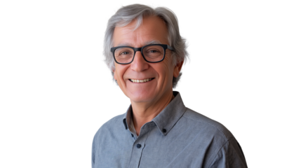 Senior man with gray hair and glasses, smiling warmly, wise and friendly appearance, ultra-sharp details, white background png