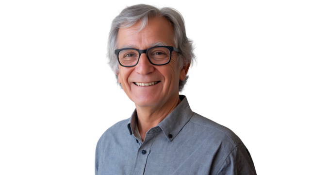 Senior man with gray hair and glasses, smiling warmly, wise and friendly appearance, ultra-sharp details, white background png