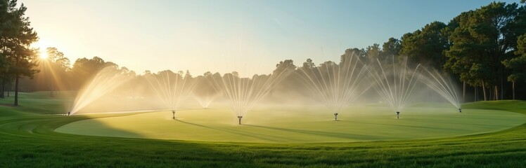 Wide angle stock photo of state-of-the-art sprinkler system irrigates freshly manicured golf course at dawn. Mist, fog over green grass. Commercial lawn field service on sunrise.