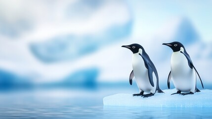 Fototapeta premium Two penguins standing on an ice floe with a serene blue background and distant icebergs