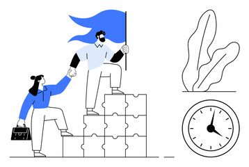 Two individuals working together, one guiding the other up puzzle steps while holding a flag. Ideal for teamwork, leadership, collaboration, mentorship, guidance, achievement business goals. Flat