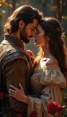 Medieval couple in love embrace in forest. Man, woman hug tenderly in sunlight. Historical romance, elegant attire. Love, connection, affection, valentines day, amorous human relationships, elegant