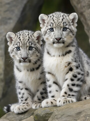 Snow leopards, Uncia uncia or Panthera uncial, 2 months old