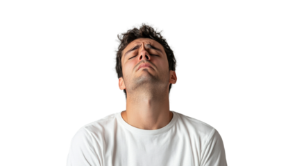 Young man closing eyes and raising head on transparent background
