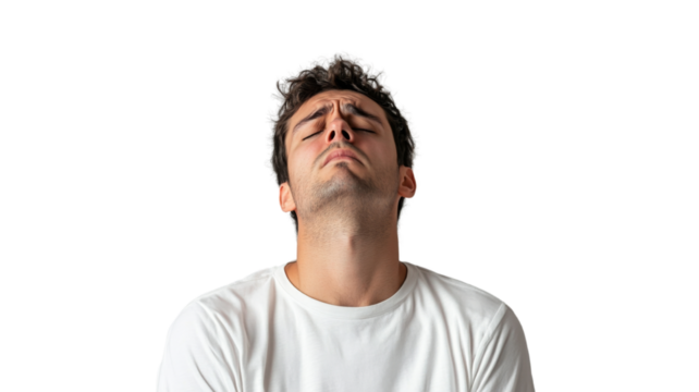 Young man closing eyes and raising head on transparent background