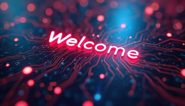 Welcome glowing word over digital cyberspace background. Greeting text for events, promotions, hospitality business. Futuristic blue, red greeting card invite. Technology, innovation concept in